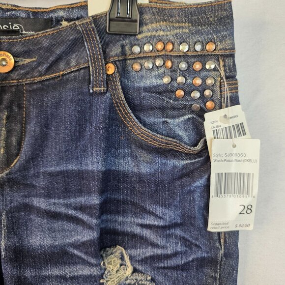 Kensie Skinny Leg Distressed Stretch Jeans 28 Dark Blue Rhinestone Casual - Picture 3 of 10